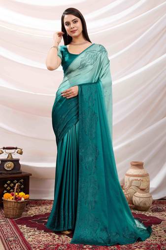 teal swaroski work work satin saree with unstitched blouse piece