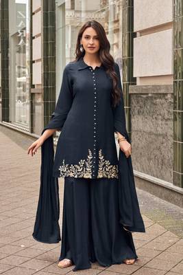 Blue embroidery sequinse silk straight palazzo - free size stitched(size upto 42") 1
