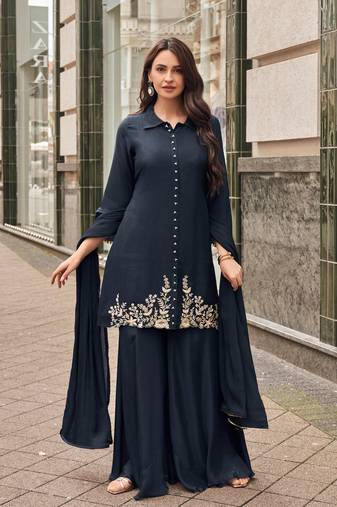 Blue embroidery sequinse silk straight palazzo - free size stitched(size upto 42")