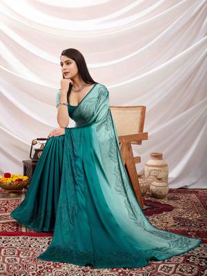 teal swaroski work work satin saree with unstitched blouse piece 2