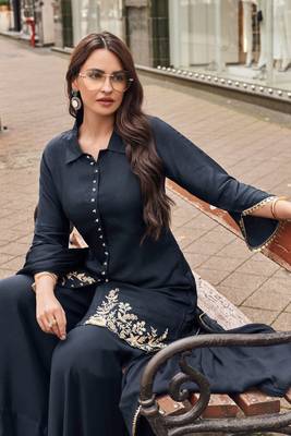 Blue embroidery sequinse silk straight palazzo - free size stitched(size upto 42") 2