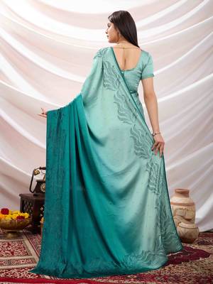 teal swaroski work work satin saree with unstitched blouse piece 4