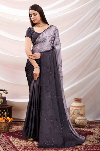wine swaroski work work satin saree with unstitched blouse piece
