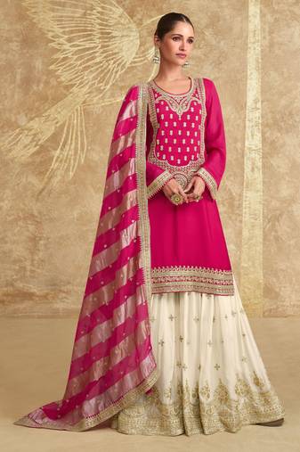 Pink embroidery sequinse chinon slik straight palazzo - free size stitched(size upto 42")