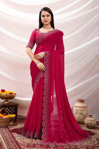 magenta tissue chiffon handwork saree with unstitched blouse piece