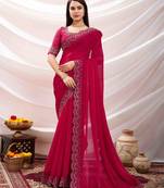 magenta tissue chiffon handwork saree with unstitched blouse piece