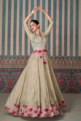 Beige embroidery sequinse chinon gown - free size stitched(size upto 42") 1