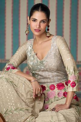 Beige embroidery sequinse chinon gown - free size stitched(size upto 42") 2