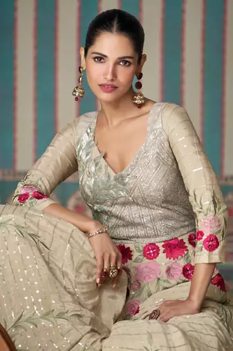 Beige embroidery sequinse chinon gown - free size stitched(size upto 42")