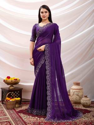 purple tissue chiffon handwork saree with unstitched blouse piece 1