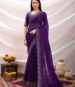 purple tissue chiffon handwork saree with unstitched blouse piece