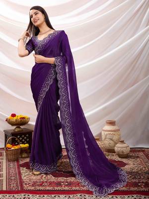 purple tissue chiffon handwork saree with unstitched blouse piece 2