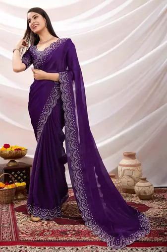 purple tissue chiffon handwork saree with unstitched blouse piece