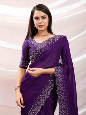 purple tissue chiffon handwork saree with unstitched blouse piece 3