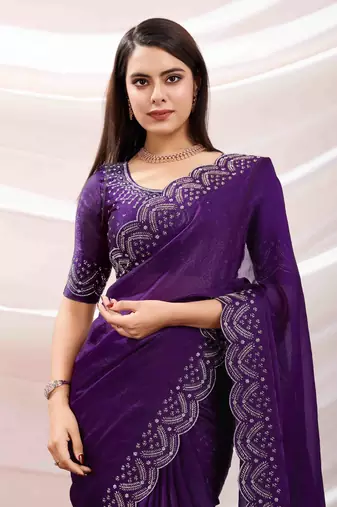 purple tissue chiffon handwork saree with unstitched blouse piece