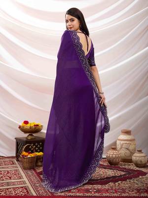 purple tissue chiffon handwork saree with unstitched blouse piece 4