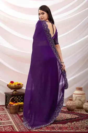 purple tissue chiffon handwork saree with unstitched blouse piece
