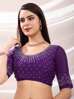 purple tissue chiffon handwork saree with unstitched blouse piece 5