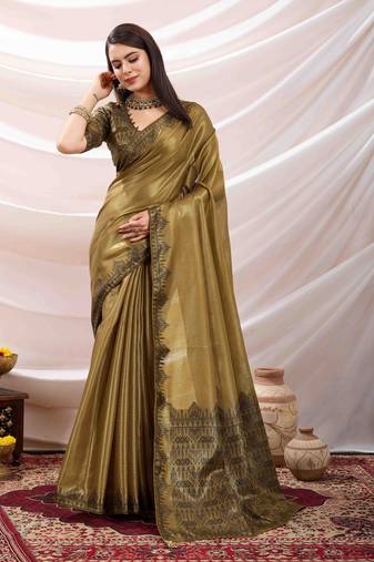 golden zari woven linen jacquard saree with unstitched blouse piece