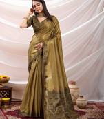 golden zari woven linen jacquard saree with unstitched blouse piece