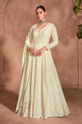 Beige embroidery sequinse georgette gown suit- free size stitched(size upto 42") 1