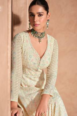 Beige embroidery sequinse georgette gown suit- free size stitched(size upto 42") 2