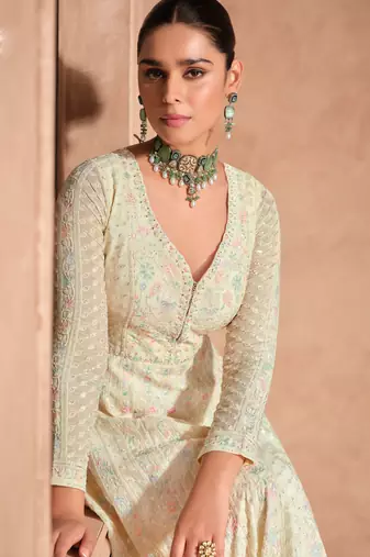 Beige embroidery sequinse georgette gown suit- free size stitched(size upto 42")