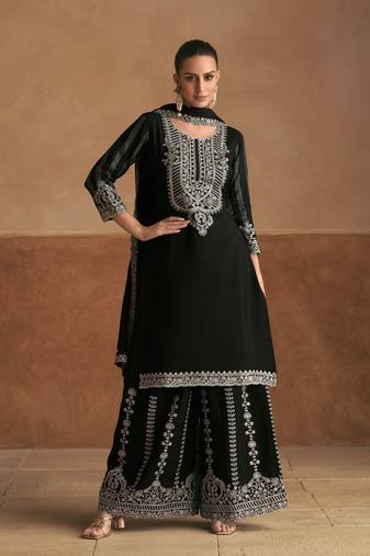 Black embroidery sequinse chinon straight palazzo suit- free size stitched(size upto 42")