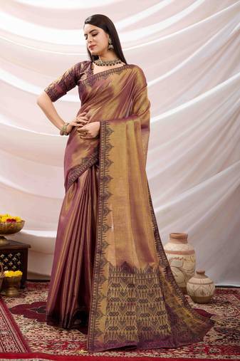onion zari woven linen jacquard saree with unstitched blouse piece