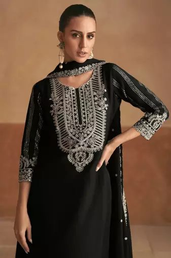Black embroidery sequinse chinon straight palazzo suit- free size stitched(size upto 42")