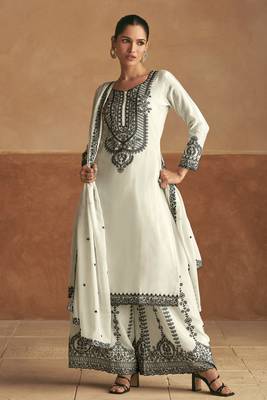 White embroidery sequinse chinon straight palazzo suit- free size stitched(size upto 42") 1