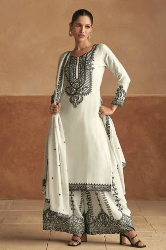 White embroidery sequinse chinon straight palazzo suit- free size stitched(size upto 42")