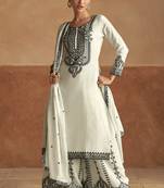 White embroidery sequinse chinon straight palazzo suit- free size stitched(size upto 42")