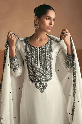 White embroidery sequinse chinon straight palazzo suit- free size stitched(size upto 42") 2