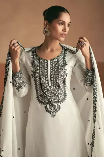 White embroidery sequinse chinon straight palazzo suit- free size stitched(size upto 42")