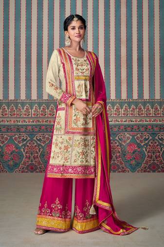 Beige embroidery, zari and sequinse shimmar silk straight palazzo suit- free size stitched(size upto 42")