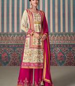 Beige embroidery zari and sequinse shimmar silk straight palazzo suit- free size stitched(size upto 42")