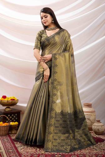 grey zari woven linen jacquard saree with unstitched blouse piece