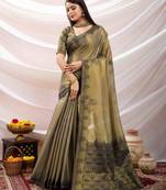 grey zari woven linen jacquard saree with unstitched blouse piece