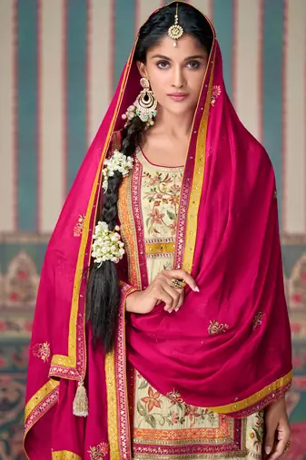 Beige embroidery zari and sequinse shimmar silk straight palazzo suit- free size stitched(size upto 42")