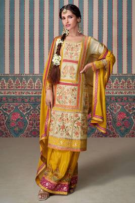 Beige embroidery zari and sequinse shimmar silk straight palazzo suit- free size stitched(size upto 42") 1