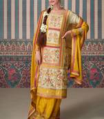 Beige embroidery zari and sequinse shimmar silk straight palazzo suit- free size stitched(size upto 42")