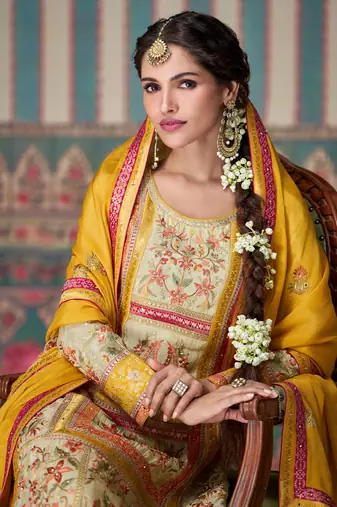 Beige embroidery zari and sequinse shimmar silk straight palazzo suit- free size stitched(size upto 42")