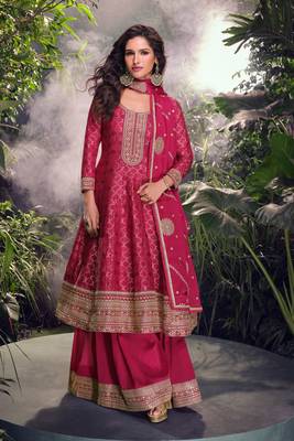 Pink embroidery, mirror and sequins jacquard silk straight palazzo suit- free size stitched(size upto 42") 1