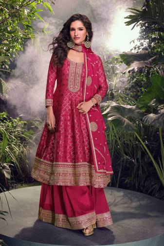Pink embroidery, mirror and sequins jacquard silk straight palazzo suit- free size stitched(size upto 42")