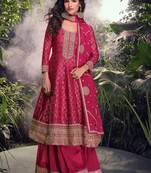Pink embroidery, mirror and sequins jacquard silk straight palazzo suit- free size stitched(size upto 42")