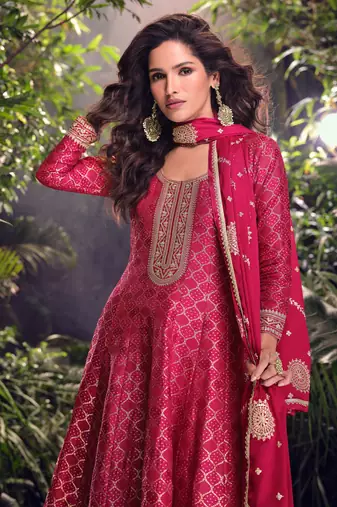Pink embroidery, mirror and sequins jacquard silk straight palazzo suit- free size stitched(size upto 42")