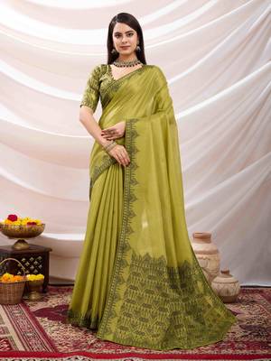 lemon green zari woven linen jacquard saree with unstitched blouse piece 1