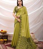 lemon green zari woven linen jacquard saree with unstitched blouse piece