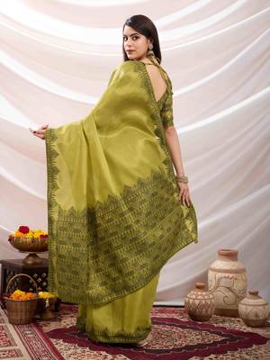 lemon green zari woven linen jacquard saree with unstitched blouse piece 2